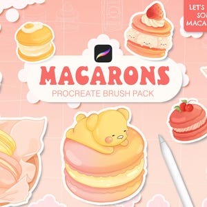 May include: A digital illustration of a Procreate brush pack for creating macarons. The illustration features various macarons in different colors and designs, including a macaron with a cute cartoon animal on top. The text "Let's bake some macarons!" is in a speech bubble.