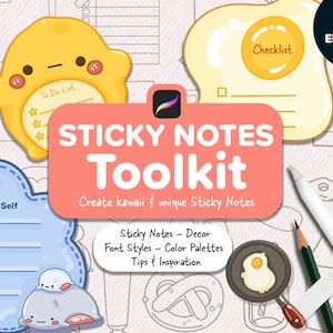 May include: A digital toolkit for creating cute and unique sticky notes. The toolkit includes 150 elements, including different shapes, colours, and fonts. The image shows examples of sticky notes with a to-do list, a checklist, and a note to self.