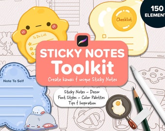 Kawaii Sticky Notes Toolkit – 150 Elements, Procreate Brush Pack