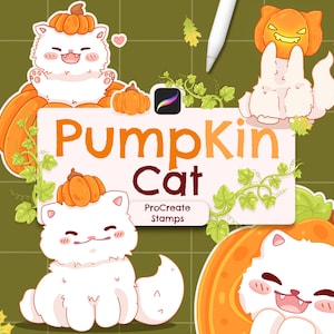 May include: A set of digital stamps featuring cute cartoon cats dressed as pumpkins. The stamps are designed for use in the Procreate app and are perfect for adding a touch of whimsy to your digital art.