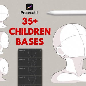 May include: A digital drawing guide featuring 35+ children bases for Procreate. The image displays various head and neck outlines in white with black line art, including a large angled view, side profiles, and a list of head templates.