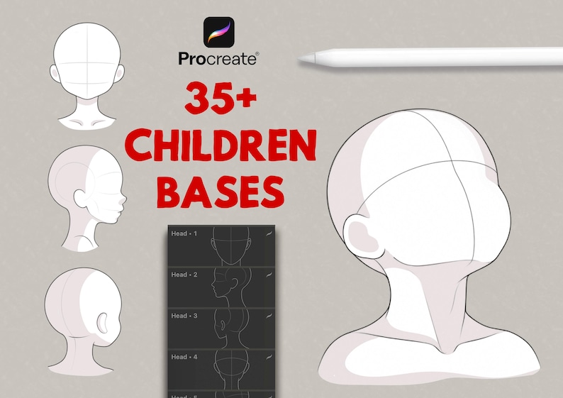 May include: A digital drawing guide featuring 35+ children bases for Procreate. The image displays various head and neck outlines in white with black line art, including a large angled view, side profiles, and a list of head templates.