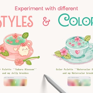 Op de afbeelding: Digitale illustratie met de tekst Experiment with different STYLES & COLORS. Twee theekopjes worden getoond, een roze met een klein wit wezentje en een lichtblauwe, beide versierd met roze bloemen en groene bladeren, inclusief kleurenpaletten.