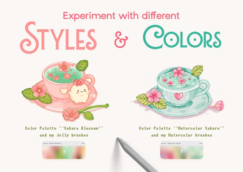 Op de afbeelding: Digitale illustratie met de tekst Experiment with different STYLES & COLORS. Twee theekopjes worden getoond, een roze met een klein wit wezentje en een lichtblauwe, beide versierd met roze bloemen en groene bladeren, inclusief kleurenpaletten.