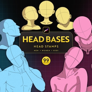 May include: A digital art resource featuring 99 head base stamps for Procreate. The graphic displays various head and shoulder poses in yellow, blue, and pink on a dark grid background. Text reads HEAD BASES, HEAD STAMPS, MEN, WOMEN, KIDS, and 99 BRUSHES.