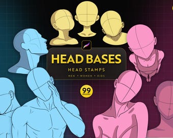 May include: A digital art resource featuring 99 head base stamps for Procreate. The graphic displays various head and shoulder poses in yellow, blue, and pink on a dark grid background. Text reads HEAD BASES, HEAD STAMPS, MEN, WOMEN, KIDS, and 99 BRUSHES.