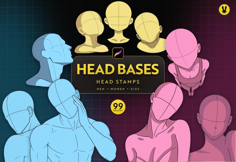 May include: A digital art resource featuring 99 head base stamps for Procreate. The graphic displays various head and shoulder poses in yellow, blue, and pink on a dark grid background. Text reads HEAD BASES, HEAD STAMPS, MEN, WOMEN, KIDS, and 99 BRUSHES.