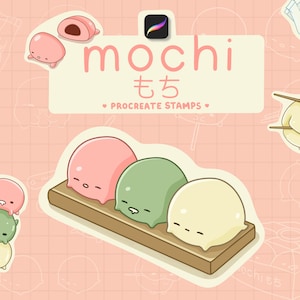 Puede incluir: Un fondo rosa con ilustraciones de mochi, un pastel de arroz japonés. La imagen incluye la palabra "mochi" en inglés y japonés, junto con el texto "Procreate Stamps". Se representan varios personajes de mochi.
