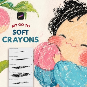 Może przedstawiać: Cyfrowa ilustracja przedstawiająca dziecko z czarnymi włosami trzymające różową brzoskwinię, wraz z tekstem MY GO TO SOFT CRAYONS oraz menu wyświetlającym pociągnięcia pędzla oznaczone jako Crayon Sketch, Crayon Marker, Wax Crayon, The Big Wax Crayon i Broken Crayon.