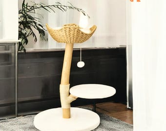 Natural Wood Cat Tree Condo with Plush basket, Cat Scratching Post, Tower with Jute Posts, Modern Cat Tree, Cozy Cat Bed, Cat Tree Scratcher