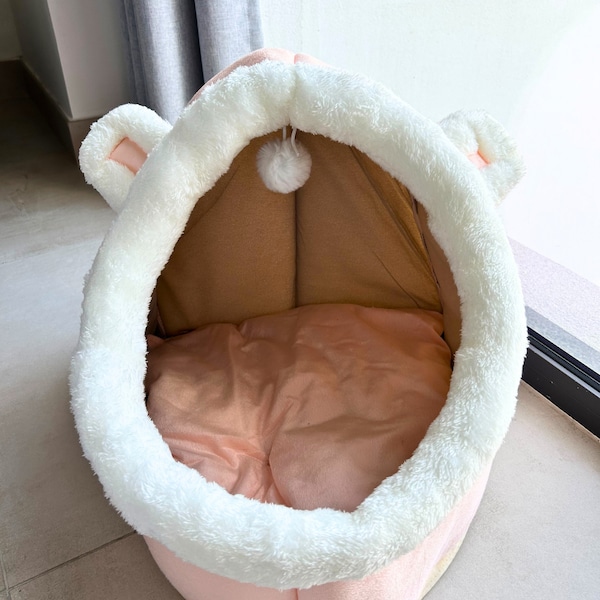 Cat Beds For Indoor Cats, Semi-Enclosed Kitten Cave With Plush Ball, Comfy Covered Kitten Cave, Self Warming Cozy Bed