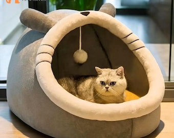 Cat Beds For Indoor Cats, Semi-Enclosed Kitten Cave With Plush Ball, Comfy Covered Kitten Cave, Self Warming Cozy Bed