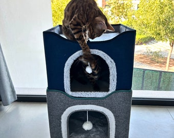 2 Cat Bed For Indoor Cats, Large Cat House With Fluffy Ball Hanging, Cat Kitten Shelter With Warm Plush Bed, Covered Cat Cave