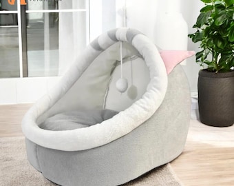 Cat Beds For Indoor Cats, Semi-Enclosed Kitten Cave With Plush Ball, Comfy Covered Kitten Cave, Self Warming Cozy Bed