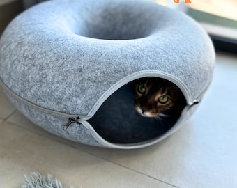 Round Cat Cave Donut, Calming Felt Donut Pet Bed, Self Warming For Small Dogs Kittens, Modern Cat Round Cave, Pet Tunnel