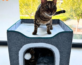 Cat Bed For Indoor, Large Cat House with Fluffy Ball Hanging, Kitten Shelter With Warm Plush Bed, Pet spot, Pet House.