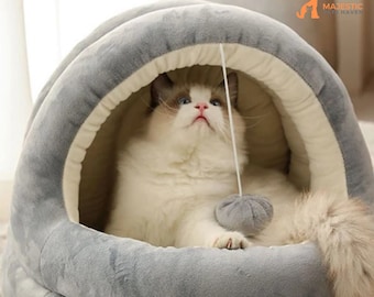 Modern Gray Cat Beds, Semi-Enclosed Kitten Cave Bed With Plush Ball, Comfortable Covered Pet Cave, Self Warming For Cat