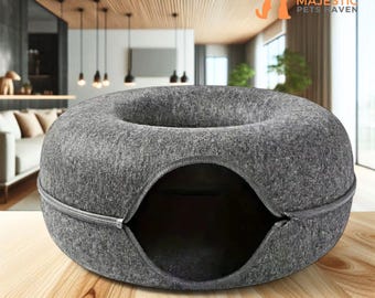 Round Cat Cave Donut, Calming Felt Donut Pet Bed, Self Warming For Small Dogs Kittens, Modern Cat Round Cave, Pet Tunnel, Dark Gray Cozy Bed