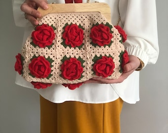 Bolso de ganchillo con estampado de flores hecho a mano, bolso de mano y hombro con motivo cuadrado de la abuela, regalo del Día de la Madre