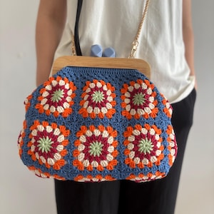 Handmade Crochet Granny Square Clutch: Wooden Frame Kiss Lock Crochet Purse