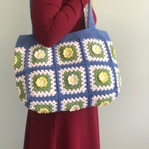 Handmade Granny Square Motif Tote Bag:Colorful Crochet Shoulder Bag