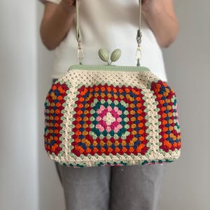 Handmade Crochet Kiss Lock Bag: Colorful Granny Square Metal Claps Clutch Purse Bag