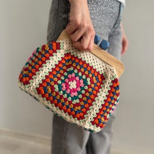 Handmade Granny Square Crochet Clutch: Wooden Clasp Crossbody Bag