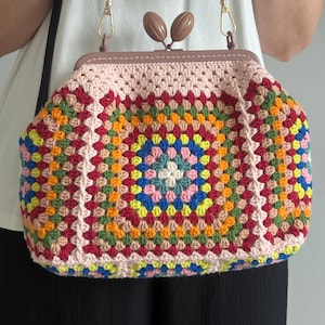 Handmade Colorful Crochet Metal Clasp Bag with Leather Strap