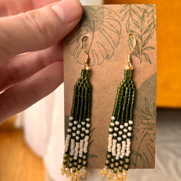 Beaded Earrings Toho handmade green white gold