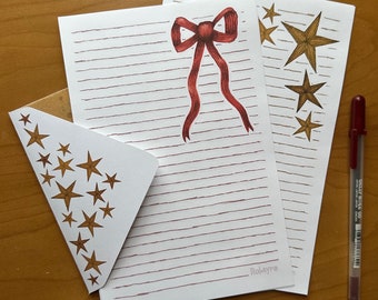 Printable Download Ribbon Bow Stars Festive stationery lined note paper PDF for download