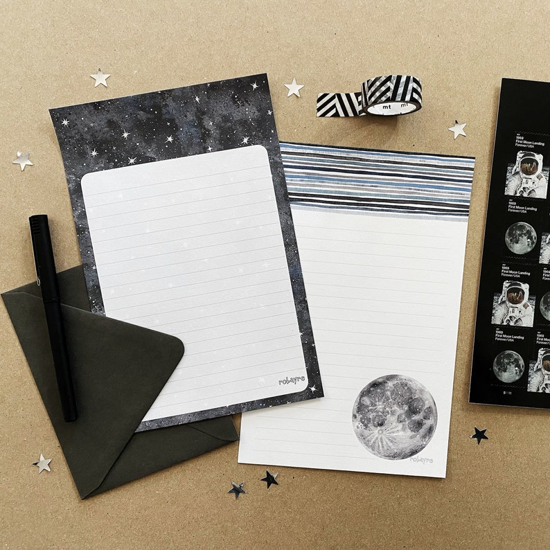 Watercolor stars and moon letter writing paper and envelope set by Robayre image 1