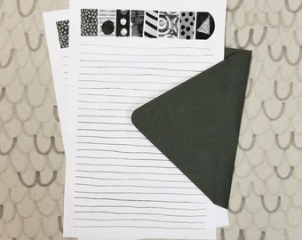 Black and White and Read All Over stationery paper set, letter writing pages and envelopes