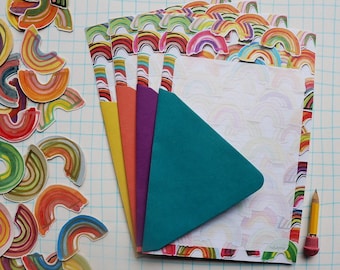 Rainbow Stationery Paper Set, watercolor lined letter writing paper and stickers