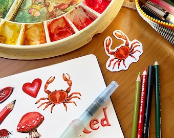 Watercolor Crab Sticker: Handmade Matte Vinyl Cut by Robayre