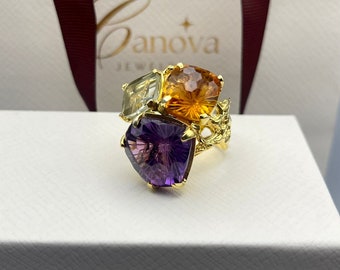 Sterling Silver 7.5size Amethyst Citrine Prasiolite Cocktail Handmade Ring