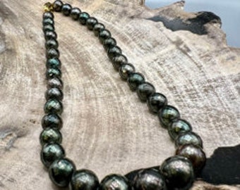 Faceted Black Green Tahitian Saltwater Pearl 18k Gold Necklace 18"