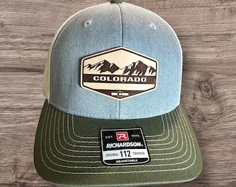 Colorado Snapback Hat Leather Patch, mountain hat, Colorado trucker hat, leather patch hat, mountain hat.