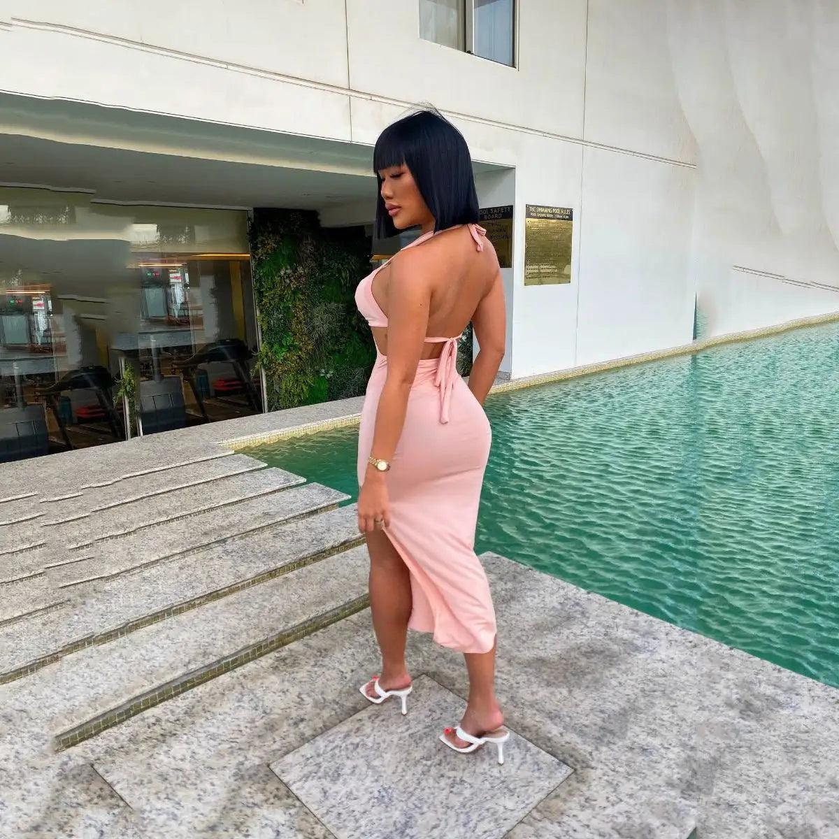 Suspender backless slit dress