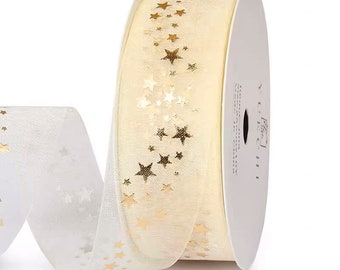 9m Gold Starry Ribbon - Golden Star Stamped Ribbon - Decorative / Gift Wrapping / Craft 2.5cm width x 9m (9.8 yards) sheer ribbon