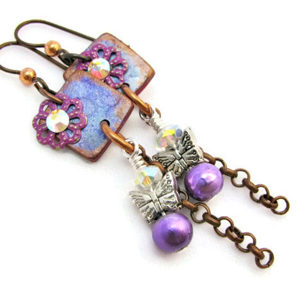 Butterfly Charm Dangle Altered Metal and Polymer Clay Earrings - Purple Copper Silver