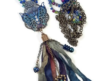 Blue Verdigris Butterfly Tassel Necklace Crochet Inspirational Affirmation Positive Dream Faith Soar Antique Brass Rustic Boho Chic Gypsy