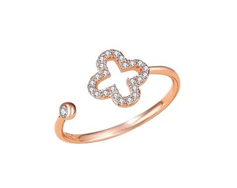 Women&#39;s Lucky Clover Adjustable Ring, Wedding Jewellery, Minimalist Jewellery, Rose Gold Ring, Silver Flower Girl Ring
