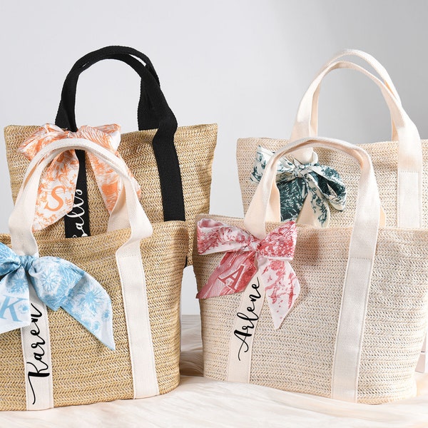 Bridesmaid Beach Bag, Bachelorette Bag, Custom Bridesmaid Beach Tote Bag, Personalized Bridesmaid Bags, Gift Bag with Alphabet Scarf
