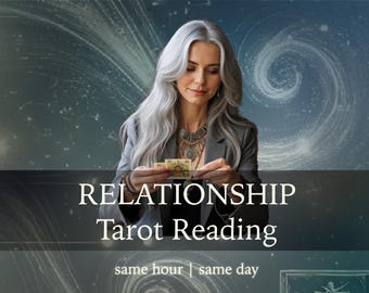 May include: A woman with long gray hair holds tarot cards in her hands. The text on the image reads "Relationship Tarot Reading same hour | same day".