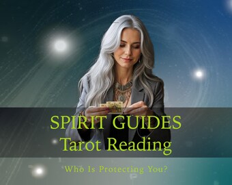 May include: A woman with long grey hair holds a deck of tarot cards in front of a blue and green background with white lights. The text on the image reads "Spirit Guides Tarot Reading Who Is Protecting You?"
