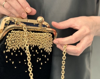 Golden kiss clasp frame handbag, velvet bag, gold and black bag, small black bag, evening purse