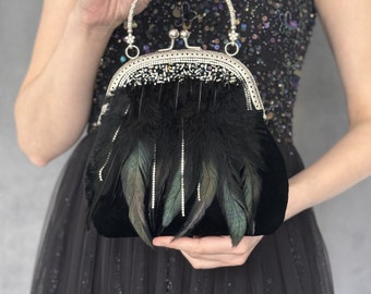 Kiss clasp handbag, velvet bag, feathers bag, small black bag