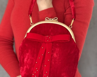 Metal frame handbag, red velvet purse, kisslock bag, red bow