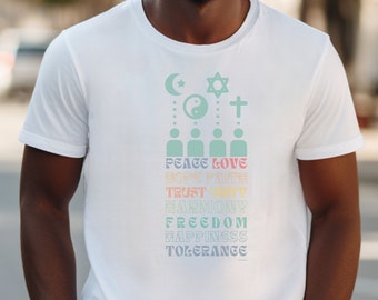 Religious T-Shirt, Religious Symbols, Powerful Message, God, Daoismus, Allah, Jahwe, No War, one World one Future, World Peace Massage Shirt