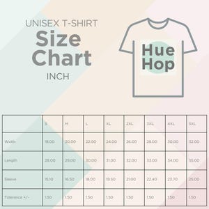 May include: Unisex t-shirt size chart in inches. The chart shows the width, length, sleeve length, and tolerance for sizes S through 5XL.